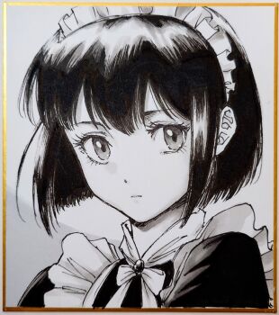 1girl closed_mouth commentary_request double-parted_bangs expressionless eyelashes greyscale looking_at_viewer maid maid_headdress makomako1061 monochrome original photo_(medium) portrait shikishi short_hair sidelocks solo traditional_media