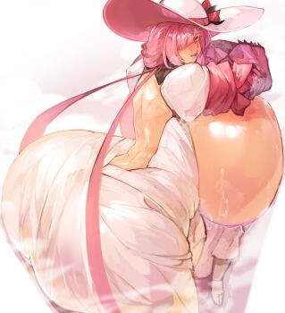 1boy 1girl absurdres ass backboob backless_dress backless_outfit breast_smother breasts breasts_out commission cowboy_shot dress face_to_breasts from_behind from_side gigantic_breasts hair_over_one_eye hat highres huge_ass larribee looking_at_viewer looking_back medium_hair original pink_hair plump shiny_skin sideboob sidelocks size_difference sun_hat sundress sweat thick_thighs thighs wide_hips