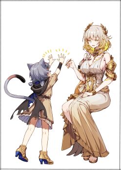 Rule 34 | 2girls, absurdres, aglaea (honkai: star rail), ancient greek clothes, animal ears, applying manicure, blonde hair, breast tattoo, breasts, brown dress, cat ears, cat girl, cat tail, cipher (honkai: star rail), cipher (in pursuit of the wind) (honkai: star rail), cleavage, commentary request, dress, gold tattoo, greco-roman clothes, green eyes, grey hair, highres, honkai: star rail, honkai (series), kei (soundcross), large breasts, laurel crown, multiple girls, rags, short hair, simple background, tail, tattoo, torn clothes, white background, white dress, yellow nails