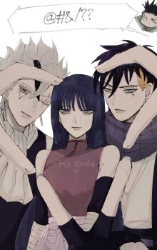 Rule 34 | 1girl, 3boys, black hair, blonde hair, boruto: naruto next generations, boruto: two blue vortex, code (naruto), commentary, earrings, english commentary, english text, eyebrow piercing, face piercing, facial tattoo, fingerless gloves, gloves, heart, heart hands, heart hands trio, highres, ifevilwhyuhot, japanese clothes, jewelry, kakei sumire, kawaki (boruto), long hair, multicolored hair, multiple boys, nara shikamaru, naruto (series), one eye closed, piercing, scar, scar across eye, scar on face, stud earrings, tattoo, two-tone hair, undercut, v, white hair