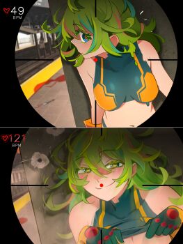 1girl absurdres blush boku_no_hero_academia breasts closed_mouth clothes_lift collared_shirt colored_eyelashes flashing gloves green_eyes green_gloves green_hair hagakure_toru hair_between_eyes heart highres khyle. lifting_own_clothes looking_at_viewer medium_breasts multicolored_hair navel nipples_out_of_frame orange_pupils out-of-frame_censoring shirt shirt_lift sleeveless sleeveless_shirt sleeveless_turtleneck smile solo train_station turtleneck turtleneck_shirt