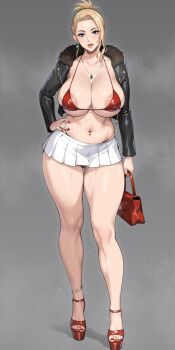 1girl areola_slip bag black_jacket blonde_hair blue_eyes blue_gemstone bra breasts cleavage collarbone covered_erect_nipples final_fantasy final_fantasy_vii full_body gem grey_background handbag highres jacket jewelry large_breasts looking_at_viewer mature_female medium_hair nanabe_78 navel necklace parted_lips platform_shoes red_bag red_bra scarlet_(ff7) sidelocks skirt solo standing steam stomach sweat thighs underwear white_skirt