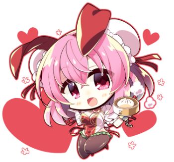 1girl :d akaneya animal_ears breasts chibi cleavage cuffs double_bun food full_body hair_bun heart holding holding_food ibaraki_kasen large_breasts looking_at_viewer lowres open_mouth pantyhose pink_eyes pink_hair playboy_bunny rabbit_ears shackles short_hair short_sleeves smile solo tabard touhou