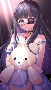 1girl absurdres aiba_uiha bare_shoulders blue_eyes blush collarbone commentary earrings eyepatch highres holding holding_toy jewelry joniwi long_hair looking_at_viewer mole nijisanji piercing single_earring solo stuffed_animal stuffed_toy teddy_bear toy virtual_youtuber