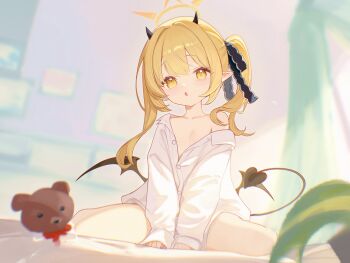 1girl :o bed between_legs black_horns black_ribbon black_tail black_wings blonde_hair blue_archive blurry blurry_background blush collarbone demon_horns demon_tail demon_wings flat_chest hair_ribbon halo hand_between_own_legs highres horns ibuki_(blue_archive) indoors loli long_hair long_sleeves low_wings nyarnya off_shoulder on_bed open_mouth oversized_clothes partially_unbuttoned pointy_ears ribbon shirt side_ponytail single_bare_shoulder sitting sleeves_past_wrists solo stuffed_animal stuffed_toy tail teddy_bear wariza white_shirt wings yellow_eyes yellow_halo
