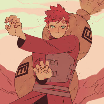 1boy black_eyeliner eyeliner facing_viewer forehead_tattoo gaara_(naruto) geokinesis gourd green_eyes highres long_sleeves looking_at_viewer makeup male_focus naruto_(series) ninja no_eyebrows red_hair sand sarakipin tattoo