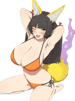 1girl animal_ears armpits arms_behind_head bikini black_hair blush breasts collarbone fang fox_ears fox_girl fox_tail hime_cut huge_breasts kitsunebi_naho_(mdf_an) long_hair looking_at_viewer makeup mdf_an navel one_eye_closed open_mouth orange_bikini original sidelocks simple_background solo stomach swimsuit tail white_background