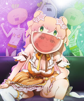 Rule 34 | 1girl, 3others, bare shoulders, blonde hair, blush, breasts, character hat, cleavage, cleavage cutout, clothing cutout, commentary request, couch, dancing, dated, dress, frilled dress, frills, green eyes, hands on own legs, haruyama kazunori, helmet, highres, hololive, large breasts, long hair, looking at viewer, momosuzu nene, multicolored hair, multiple others, nail polish, nekko (momosuzu nene), on couch, orange dress, panties, pantyshot, pink hair, raised inner eyebrows, sitting, sleeveless, sleeveless dress, smile, spread legs, thighhighs, twitter username, two-tone hair, two side up, underwear, virtual youtuber, white thighhighs, yellow nails