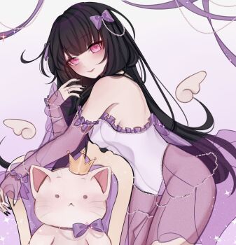 1girl absurdres bare_shoulders black_hair black_nails blunt_bangs blush bow breasts closed_mouth commentary cowboy_shot crown detached_sleeves english_commentary fingernails frilled_leotard frills hair_bow highres leotard long_hair long_sleeves looking_at_viewer medium_breasts nail_polish original pantyhose pink_eyes purple_bow purple_pantyhose purple_sleeves rosheil smile solo stuffed_animal stuffed_cat stuffed_toy white_leotard
