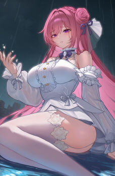 1girl absurdres breasts commentary detached_sleeves dorothy_(nikke) dress goddess_of_victory:_nikke hair_bun highres kiyoi_(qingyisama) large_breasts long_hair night outdoors parted_lips pink_hair pink_nails purple_eyes rain single_side_bun single_tear sky solo thighhighs thighs very_long_hair white_dress white_thighhighs