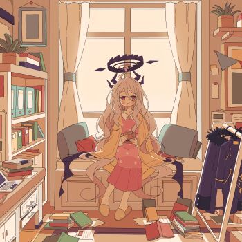 1girl akashia_(akasia313) blue_archive blush book book_stack bookshelf cardigan_on_shoulders closed_mouth commentary computer curtains desk full_body grey_hair hair_between_eyes halo highres hina_(blue_archive) hina_(pajamas)_(blue_archive) holding horns indoors laptop long_hair long_sleeves looking_at_viewer messy_hair messy_room multiple_horns pajamas plant polka_dot polka_dot_pajamas potted_plant sitting slippers solo very_long_hair window wings