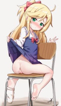 1girl absurdres anus ass barefoot blonde_hair blue_dress blush boppin bow chair cleft_of_venus closed_mouth clothes_lift commentary dot_nose dress dress_lift female_focus full_body green_eyes hair_bow half_updo highres himesaka_noa lifting_own_clothes loli long_hair long_sleeves no_panties no_shoes nose_blush on_chair paid_reward_available puffy_long_sleeves puffy_sleeves pussy red_bow short_dress simple_background single_bare_foot single_sock sitting sitting_backwards sock_pull socks soles solo sweat toes uncensored v watashi_ni_tenshi_ga_maiorita! white_background white_sleeves