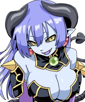 1girl :d armor astaroth_(shinrabanshou) bare_shoulders black_armor black_horns black_sclera blue_hair blue_skin breasts cleavage colored_sclera colored_skin demon_girl demon_horns demon_tail earrings elbow_gloves gem gloves green_gemstone hair_between_eyes heart heart_earrings horns jewelry large_breasts long_hair looking_at_viewer lower_teeth_only nikakukei0 open_mouth pointy_ears purple_gloves shinrabanshou simple_background slit_pupils smile solo tail teeth upper_body white_background yellow_eyes