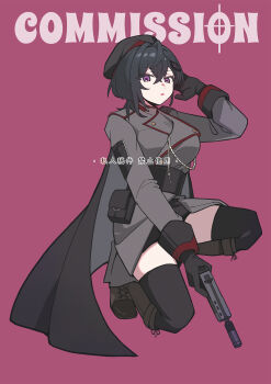 1girl beret black_cape black_gloves black_hair black_thighhighs boots breasts cape chinese_commentary chinese_text commentary_request english_text full_body gloves grey_jacket gun hair_between_eyes handgun hat highres holding holding_gun holding_weapon jacket long_sleeves looking_at_viewer military military_uniform mixed-language_text on_one_knee original purple_eyes short_hair simple_background solo thighhighs tingliang weapon