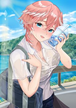 1girl bag blue_eyes blue_sky blush bra_visible_through_clothes breasts buttons cloud collared_shirt commentary_request day drink head_wings highres hill holding holding_drink hololive hot looking_at_viewer na_nu_017 open_mouth outdoors pink_hair pink_wings school_bag see-through_clothes shirt short_hair short_sleeves sky solo sun sunlight sweat sweaty_clothes takane_lui virtual_youtuber water wings