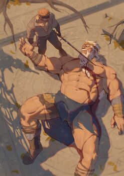 2boys abs absurdres after_battle autumn_leaves bara beard blood blood_in_hair blood_on_chest blood_on_clothes blood_on_face blood_on_hands bloody_weapon braid braided_beard broad_shoulders brown_hair bulge defeat elden_ring eye_contact facial_hair falling_leaves from_above giant giant_male glensaru highres hoarah_loux holding holding_sword holding_weapon injury large_pectorals leaf light_smile long_beard looking_at_another lying male_focus mature_male multiple_boys muscular muscular_arms muscular_legs muscular_male navel nipples on_back outdoors pectorals size_difference sword tarnished_(elden_ring) thighs topless_male torn_clothes tree weapon white_hair
