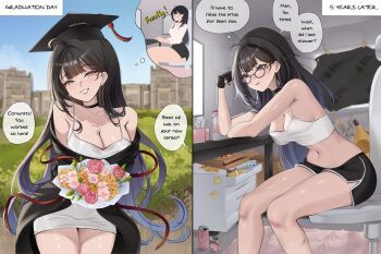 Rule 34 | 1girl, age progression, bare shoulders, black choker, black gloves, black hair, black robe, black shirt, blue eyes, blush, bouquet, breasts, can, chair, choker, cleavage, closed mouth, collarbone, desk, dress, drink can, ear piercing, earrings, english text, facial mark, flower, glasses, gloves, graduation, hat, heart, heart facial mark, highres, holding, holding bouquet, jewelry, large breasts, long hair, midriff, mole, mole under eye, monster energy, nabi (wonnikon), navel, on chair, open mouth, original, piercing, pizza box, robe, shirt, single glove, sitting, smile, speech bubble, sticky note, stuffed animal, stuffed octopus, stuffed toy, tank top, tassel, thought bubble, tissue box, white dress, white tank top, wonnikon