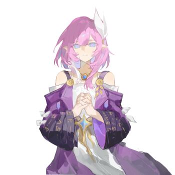 1girl bare_shoulders blue_eyes breasts chinese_commentary coat commentary_request cyrene_(aedes_elysiae)_(honkai:_star_rail) cyrene_(honkai:_star_rail) dress hair_ornament highres honkai:_star_rail honkai_(series) jewelry looking_at_viewer multicolored_hair necklace own_hands_together pink_hair pointy_ears purple_coat short_hair simple_background small_breasts solo two-tone_hair white_background white_dress white_hair youzaiyouzai143