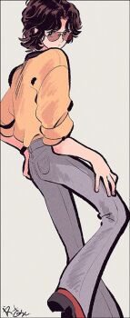 1boy black_hair denim jeans looking_back male_focus noaki original pants short_hair signature simple_background solo sunglasses