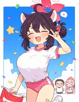 1boy 2girls animal_ears bandaid black_hair blue_archive blush breasts buruma character_request closed_eyes fang flag gym_uniform hair_bun halo kaede_(blue_archive) large_breasts multiple_girls onyhakase sensei_(blue_archive) shirt skin_fang white_shirt
