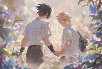 2boys absurdres bag black_hair black_pants blonde_hair closed_eyes collared_shirt commentary_request cow facial_mark grin haruiro_(hrm_ino) highres holding_hands male_focus multiple_boys naruto_(series) orange_shirt pants shirt short_hair shoulder_bag smile spiked_hair teeth uchiha_sasuke uzumaki_naruto watermark whisker_markings white_shirt