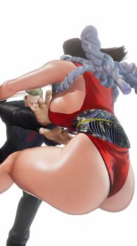 1boy 1girl 3d ass ass_focus bare_legs breasts cleavage high_ponytail highleg highleg_leotard highres huge_ass injury large_breasts leotard leotard_under_clothes long_hair looking_at_another ponytail red_leotard ryona screencap shiny_skin shiranui_mai sideboob skindentation snk the_king_of_fighters the_king_of_fighters_xv third-party_edit very_long_hair violence wide_hips