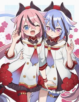 2others ;d a.i._voice black_hair black_horns blue_background blue_eyes blue_hair blue_pantyhose blush border commentary_request corn_kuten cowboy_shot double-parted_bangs dress fang frilled_sleeves frills grid_background hair_between_eyes hand_up hat highres horns leg_up long_hair looking_at_viewer meika_hime meika_mikoto multicolored_hair multiple_others necktie one_eye_closed open_mouth other_focus outline outside_border pantyhose pink_eyes pink_hair red_hat red_necktie red_pantyhose sailor_dress short_sleeves single_leg_pantyhose skin_fang smile streaked_hair thick_eyebrows two-tone_hair vocaloid watermark white_border white_dress white_outline