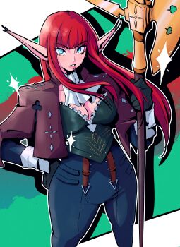 Rule 34 | 1girl, absurdres, ascot, black gloves, blue eyes, breasts, cleavage, commentary, dentedhood, floating hair, gloves, hand on own hip, highres, holding, holding polearm, holding weapon, hulkenberg (metaphor: refantazio), lips, long hair, long sleeves, looking at viewer, medium breasts, metaphor: refantazio, parted lips, pink lips, pointy ears, polearm, red hair, solo, suspenders, thighs, weapon, white ascot