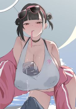 1boy 1girl all_fours beach beach_umbrella between_breasts bikini black_choker black_hair blunt_bangs blush bottle bottle_between_breasts breasts bulge choker cleavage crop_top drinking_straw drinking_straw_in_mouth earrings erection erection_under_clothes goddess_of_victory:_nikke hair_rings hairband hth5k huge_breasts jacket jewelry off-shoulder_jacket off_shoulder open_clothes open_jacket outdoors pink_bikini pink_eyes pink_hairband pink_jacket plastic_bottle pouring pouring_onto_another short_hair snake_earrings sora_(nikke) sora_(spring_flight)_(nikke) sunglasses sunglasses_on_head swimsuit tank_top umbrella water_bottle white_tank_top