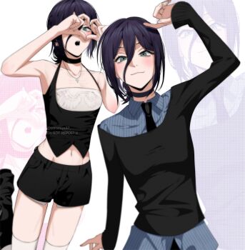 1girl bare_shoulders black_boots black_choker black_necktie black_shirt black_shorts black_vest blue_hair blue_shirt blush boots breasts chainsaw_man choker closed_mouth collarbone collared_shirt cross cross_necklace green_eyes hair_between_eyes hair_bun heart heart_hands highres jewelry looking_at_viewer medium_breasts medium_hair midriff multiple_views navel necklace necktie parted_lips pinstripe_pattern pinstripe_shirt reze_(chainsaw_man) shirt shirt_under_shirt shorts solo thighhighs twitter_username underbust updo upper_body vest white_thighhighs yorozuya37