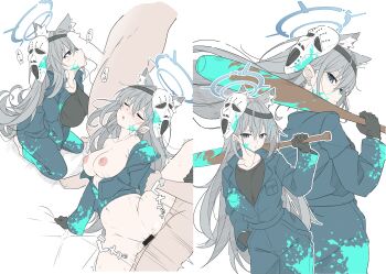 1girl absurdres airi_(blue_archive) airi_(blue_archive)_(cosplay) airi_(halloween)_(blue_archive) animal_ear_fluff animal_ears bar_censor baseball_bat black_gloves black_jumpsuit black_shirt blue_archive breasts censored closed_eyes commentary cosplay cross cross_hair_ornament earrings extra_ears fellatio floating_hair gloves grey_eyes grey_hair grey_halo hair_intakes hair_ornament halo highres hockey_mask holding holding_baseball_bat inverted_cross jewelry jumpsuit long_hair long_sleeves looking_at_viewer mask mask_on_head medium_breasts mismatched_pupils motion_lines multiple_views nipples oral paint_splatter sex shiroko_terror_(blue_archive) shirt simple_background stud_earrings t1kosewad untranslatable_commentary very_long_hair white_background wolf_ears wolf_girl