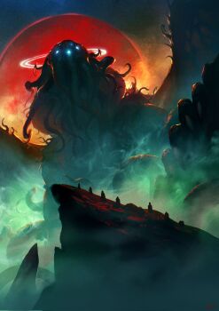 Rule 34 | 6+others, backlighting, cliff, commentary, cthulhu, cthulhu mythos, eldritch abomination, epic, extra eyes, fog, giant, glowing, glowing eyes, halo, highres, horror (theme), monster, moon, multiple others, outdoors, red moon, revision, silhouette, tentacles, wings, yaziri