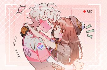 1boy 1girl alternate_hair_length alternate_hairstyle arms_around_neck arms_up bede_(pokemon) beret black_hat blush brown_eyes brown_hair caught closed_mouth constricted_pupils couple curly_hair enoch_(enoch0501) full-face_blush gloria_(pokemon) grey_shirt hat hetero hug interrupted korean_commentary layered_sleeves long_sleeves looking_to_the_side mutual_hug nintendo notice_lines parted_lips pink_background pink_shirt pokemon pokemon_swsh pom_pom_(clothes) pom_pom_hat_ornament recording shirt short_hair short_over_long_sleeves short_sleeves sideways_glance striped_clothes striped_shirt sweatdrop two-tone_shirt upper_body vertical-striped_clothes vertical-striped_shirt viewfinder white_hair