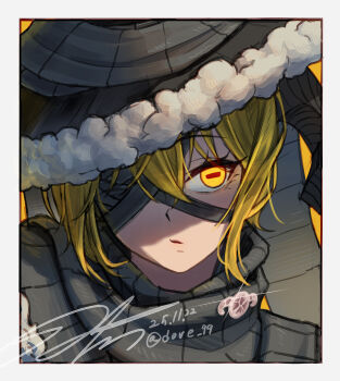 1girl 99dulgi black_hat blonde_hair border commentary_request dated don_quixote_(project_moon) eyelashes hat heishou_pack-wei_branch_(identity)_(project_moon) highres horizontal_pupils korean_commentary limbus_company one_eye_covered project_moon shaded_face signature solo sparkle upper_body white_border yellow_background yellow_eyes