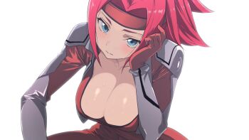1girl blue_eyes blush bodysuit breasts cleavage code_geass hand_on_own_face headband highres kouzuki_kallen large_breasts legs looking_at_viewer red_hair short_hair sitting solo sweat thighs