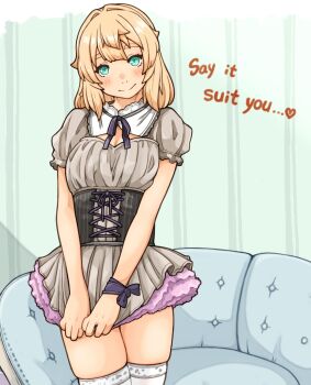 Rule 34 | 1girl, black corset, blonde hair, blush, breasts, bridget (guilty gear), cleavage, closed mouth, commentary, corset, couch, cowboy shot, dress, english commentary, english text, frilled dress, frills, genderswap, genderswap (mtf), green eyes, grey dress, guilty gear, heart, highres, light blush, looking at viewer, medium breasts, medium hair, puffy sleeves, ribbon, short dress, short sleeves, skindentation, smile, solo, sugajyun, thighhighs, white thighhighs, zettai ryouiki