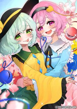 2girls :p absurdres artist_name asaka_haru123 black_hat black_ribbon blue_shirt blush buttons commentary_request contrast_collar diamond_button falling_petals floral_background frilled_sailor_collar frills green_hair green_sailor_collar hat heart heart_button heart_of_string highres hug komeiji_koishi komeiji_satori long_sleeves looking_at_viewer multiple_girls neck_ribbon petals pink_hair ribbon sailor_collar shirt short_hair siblings sisters smile third_eye tongue tongue_out touhou twitter_username white_sailor_collar yellow_shirt