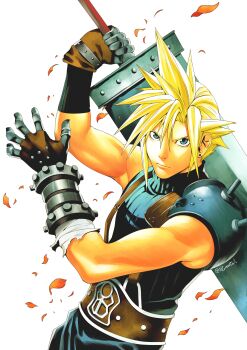 1boy absurdres armor blonde_hair blue_eyes brown_gloves buster_sword closed_mouth cloud_strife commentary english_commentary fighting_stance final_fantasy final_fantasy_vii gloves highres holding holding_sword holding_weapon male_focus nifast_(greentail) obata_takeshi_(style) short_hair shoulder_armor sleeveless sleeveless_turtleneck solo spiked_hair suspenders sweater sword turtleneck turtleneck_sweater twitter_username upper_body weapon white_background