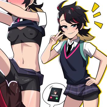 1boy 1girl absurdres bike_shorts bike_shorts_under_skirt black_hair black_necktie black_sports_bra black_sweater_vest blonde_hair blue_eyes bluebutter blush breasts bulge cameltoe clothes_lift commentary cosplay covered_erect_nipples erection erection_under_clothes grinding hand_on_own_hip handler_mj_(bluebutter) hetero highres leg_up low_twintails marvel marvel_rivals multicolored_hair navel necktie netorare peni_parker peni_parker_(cosplay) pussy_juice pussy_juice_drip_through_clothes red_hair school_uniform self_cosplay shirt shirt_lift small_breasts spider-man:_into_the_spider-verse spider-man_(series) spider-verse sports_bra streaked_hair sweater_vest twintails v white_shirt