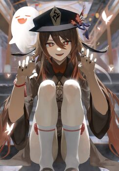 Rule 34 | 1girl, bead bracelet, beads, black hat, black nails, blush, bracelet, brown hair, chinese clothes, coattails, commentary request, cxmbuwwgd167859, flower, flower-shaped pupils, genshin impact, ghost, ghost pose, hair between eyes, hat, hat flower, hat tassel, highres, hu tao (genshin impact), jewelry, long hair, long sleeves, looking at viewer, multiple rings, open mouth, plum blossoms, porkpie hat, red eyes, ring, shorts, sitting, smile, socks, symbol-shaped pupils, tailcoat, thighs, twintails, very long hair