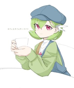 Rule 34 | 1girl, ayaka 488, bob cut, commentary request, cup, gardevoir, gardevoir (cafe), gen 3 pokemon, green hair, hat, highres, holding, holding cup, looking at viewer, nintendo, personification, pink eyes, pokemon, pokemon (creature), pokemon unite, simple background, sitting, teacup, white background