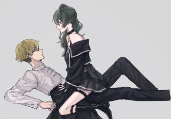 1boy 1girl bare_shoulders black-framed_eyewear black_choker blank_stare blonde_hair boots choker collared_shirt girl_on_top glasses green_hair highres jacket land_(sousou_no_frieren) long_hair long_sleeves looking_at_another looking_up lying on_person ponytail shirt short_hair sitting sitting_on_person skirt smile sousou_no_frieren u_(artist) ubel_(sousou_no_frieren) white_background white_shirt