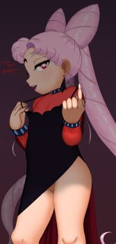 1girl absurdres bishoujo_senshi_sailor_moon black_dress chibi_usa dress english_text female_focus flat_chest highres hoshime loli long_hair nipples open_mouth pink_hair pulling_own_clothes pussy red_dress red_eyes see-through_clothes see-through_dress simple_background solo source_request tagme two-tone_dress