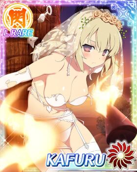 1girl beach blonde_hair blush border bra breasts bridal_legwear bridal_lingerie bridal_veil bride card_(medium) character_name cleavage closed_mouth elbow_gloves fire flower game_cg garter_belt garter_straps gloves hair_flower hair_ornament kafuru_(senran_kagura) kunai leaning_forward light_frown lingerie looking_at_viewer low_twintails medium_breasts medium_hair navel nontraditional_wedding_dress ocean official_art orange_flower panties purple_eyes senran_kagura senran_kagura_new_wave short_twintails shuriken solo thighhighs tree twintails underwear veil weapon white_bra white_garter_belt white_garter_straps white_gloves white_panties white_thighhighs yellow_pupils