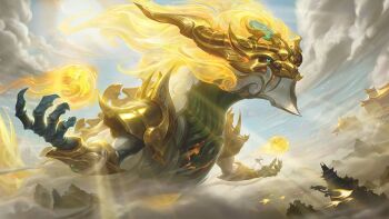 aurelion_sol aurelion_sol_(league_of_legends) blonde_hair claws cloud commentary dragon dust english_commentary flying green_eyes highres league_of_legends league_of_legends:_wild_rift looking_ahead lunar_guardian_aurelion_sol mountain official_alternate_costume official_alternate_hairstyle official_art outdoors solo sunlight temple