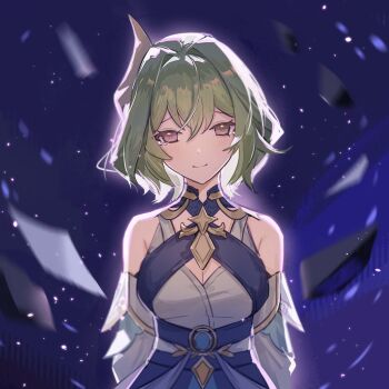 1girl armpit_crease arms_behind_back backlighting bare_shoulders blonde_hair blue_dress blue_gemstone blush breasts bright_pupils brown_eyes cleavage cleavage_cutout closed_mouth clothing_cutout debris detached_sleeves dress eyelashes gem genshin_impact gold hair_between_eyes hair_intakes hair_ornament highres large_breasts layered_dress looking_at_viewer paper purple_background rubble scene_reference short_hair smile solo split_mouth straight-on tearing_up tears tholindis_(genshin_impact) tsurime white_dress white_pupils white_sleeves yiyiyiyi670