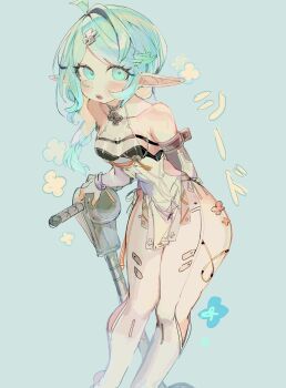 1girl ahoge alternate_ears arm_behind_back bare_shoulders blue_background blue_eyes blue_hair blush braid braided_ponytail clothing_cutout collarbone commentary_request detached_sleeves feet_out_of_frame floral_print flower_hairpin formal_clothes gloves hair_ornament hairpin highres leaning_forward long_hair looking_at_viewer mole mole_on_shoulder open_mouth pointy_ears see-through_dress_layer seed_(zenless_zone_zero) segway side_cutout solo stirrup_legwear suit thigh_cutout toeless_legwear usa37107692 white_gloves white_suit zenless_zone_zero