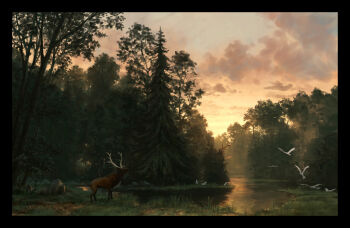 absurdres animal bird black_border blue_sky border cloud commentary english_commentary evening forest gradient_sky highres krita_(medium) landscape moose nature no_humans orange_sky original outdoors philipp_urlich pine_tree pond reflection reflective_liquid rock scenery signature sky sunlight tree water white_bird