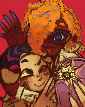 1boy 1girl absurdres artist_request blue_eyes cephalopod_eyes dark-skinned_female dark_skin hair_over_one_eye highres lionel_(splatoon) looking_at_another looking_at_viewer nintendo octoling one_eye_closed orange_hair patterned_hair purple_eyes red_background shirt simple_background smile splatoon_(series) splatoon_3 tao_blu_(splatoon) tentacle_hair third-party_source upper_body v waving white_shirt