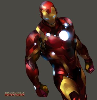 Rule 34 | 1boy, arc reactor, armor, character name, commentary, cowboy shot, full armor, gaeccc bal, glowing, glowing eyes, grey background, iron man, iron man (series), male focus, marvel, multicolored armor, power armor, red armor, solo, yellow armor